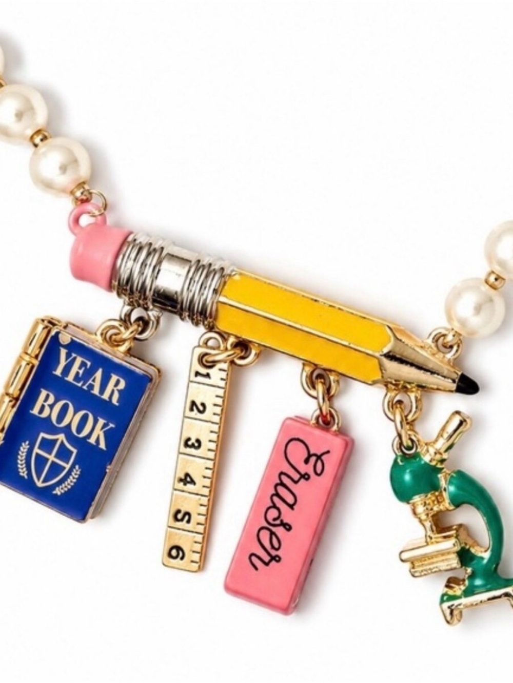 Betsey Johnson White Pearl Strand Necklace with Pencil & Charms